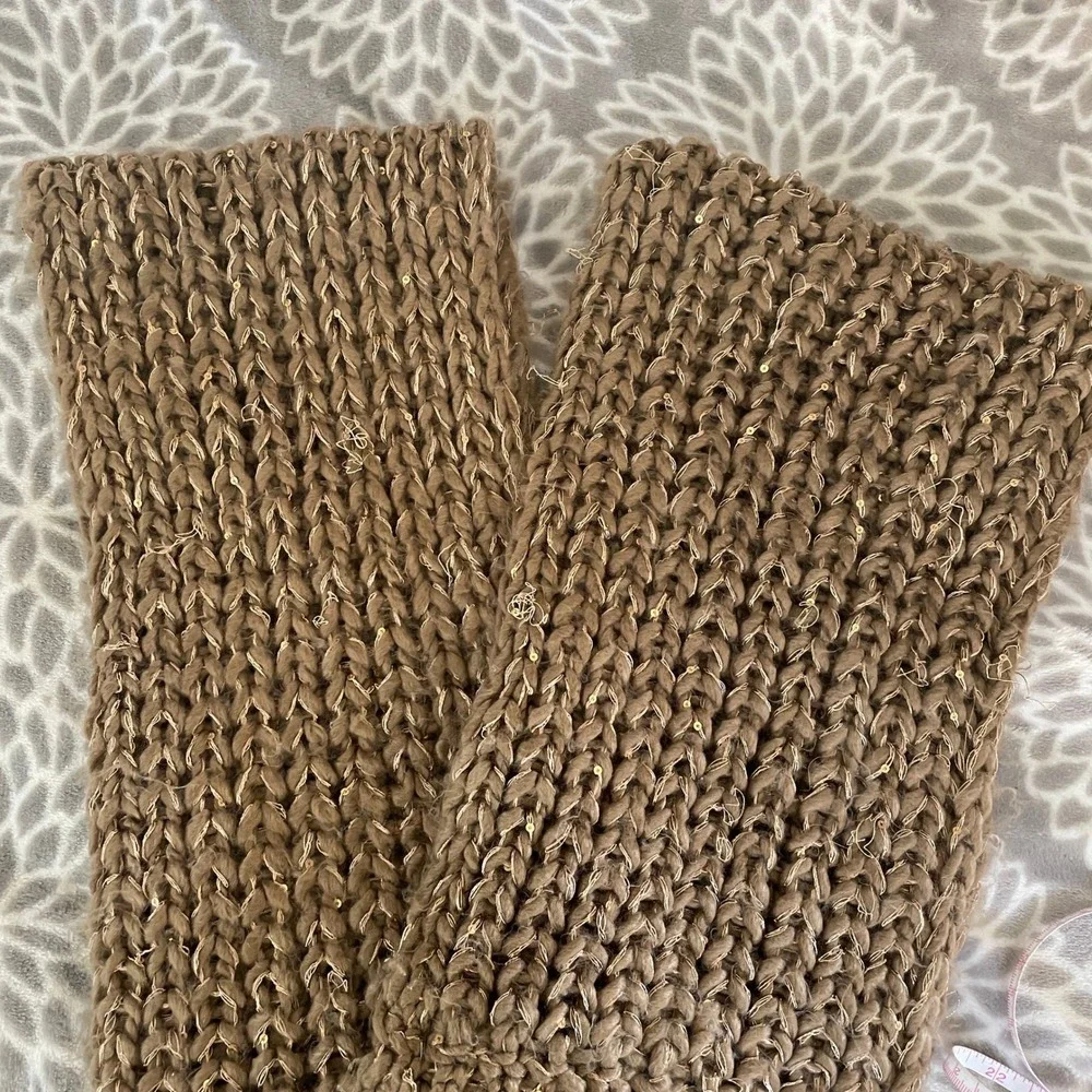 Tan Brown Chunky Knit Infinity Scarf Gold Metallic Sequin Ribbed Loop‎ Boho Chic